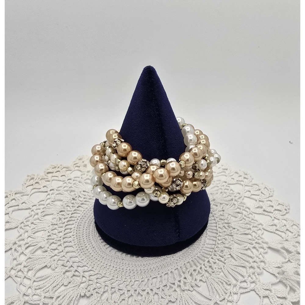 Vintage Imitation Pearl Bracelet Torque Pave Rhinestone 6 Strands 6"